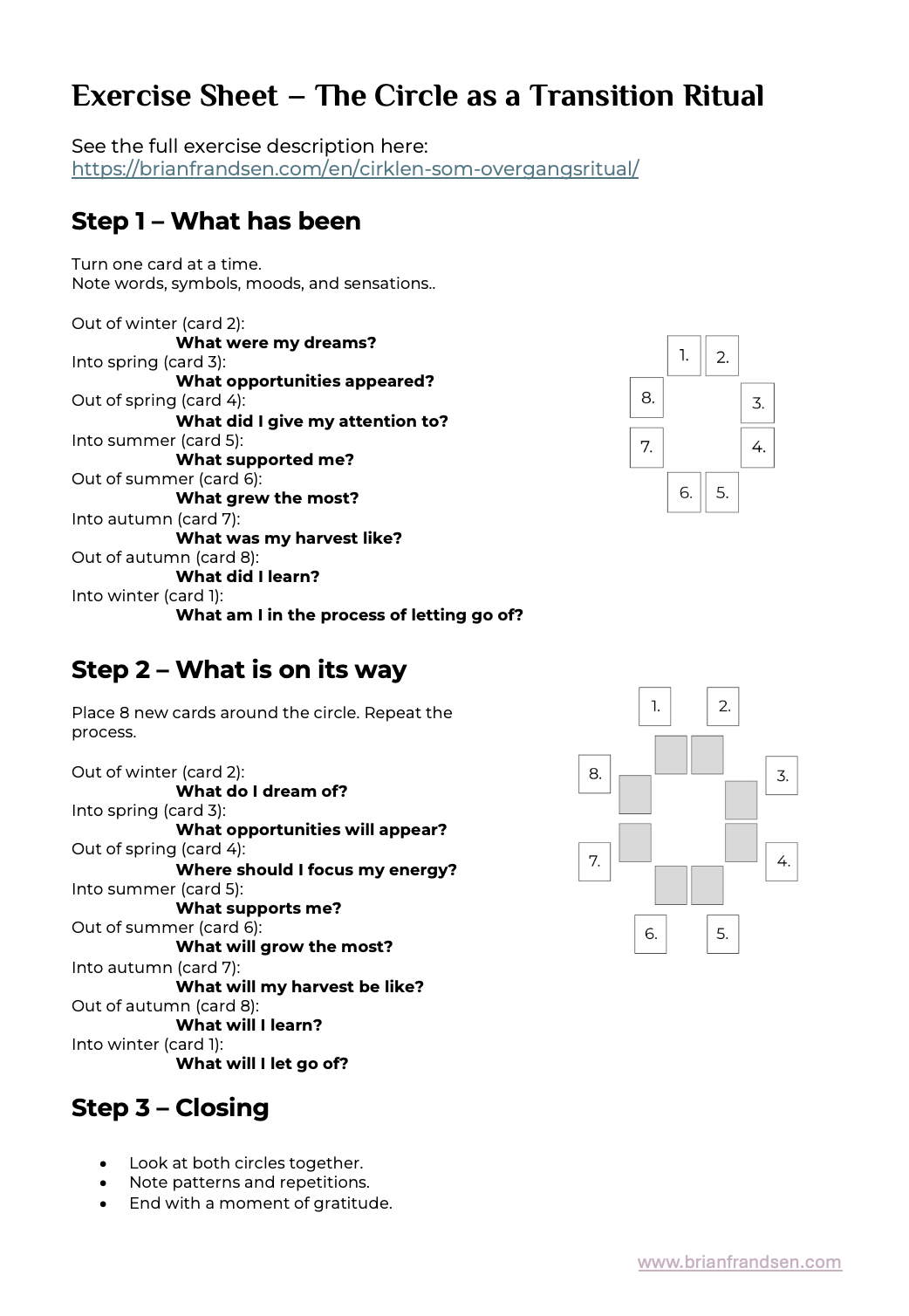 Exercise sheet outlining the Circle as a Transition Ritual, with step-by-step questions for reflection and transition.