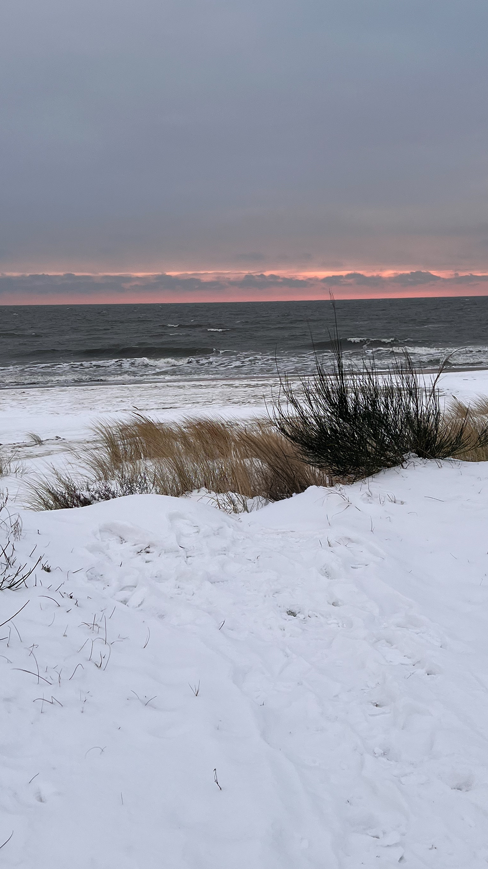 Snow-covered coastal landscape at dusk, with soft winter light over the sea and dunes – evoking stillness, reflection, and the quiet rhythm of winter.